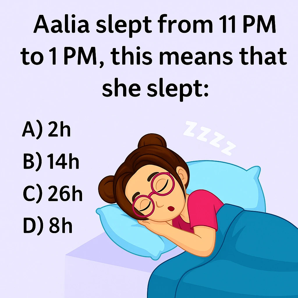 alia slept from 11 pm to 1 pm ths means that she slept