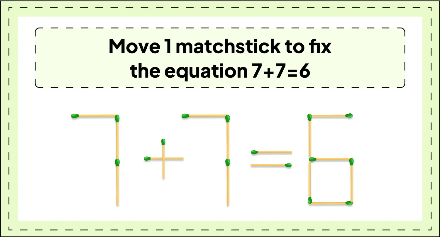 daily matchstick puzzles : move 1 matchstick to fix the equation 7+7=6 matchstick answer img 3