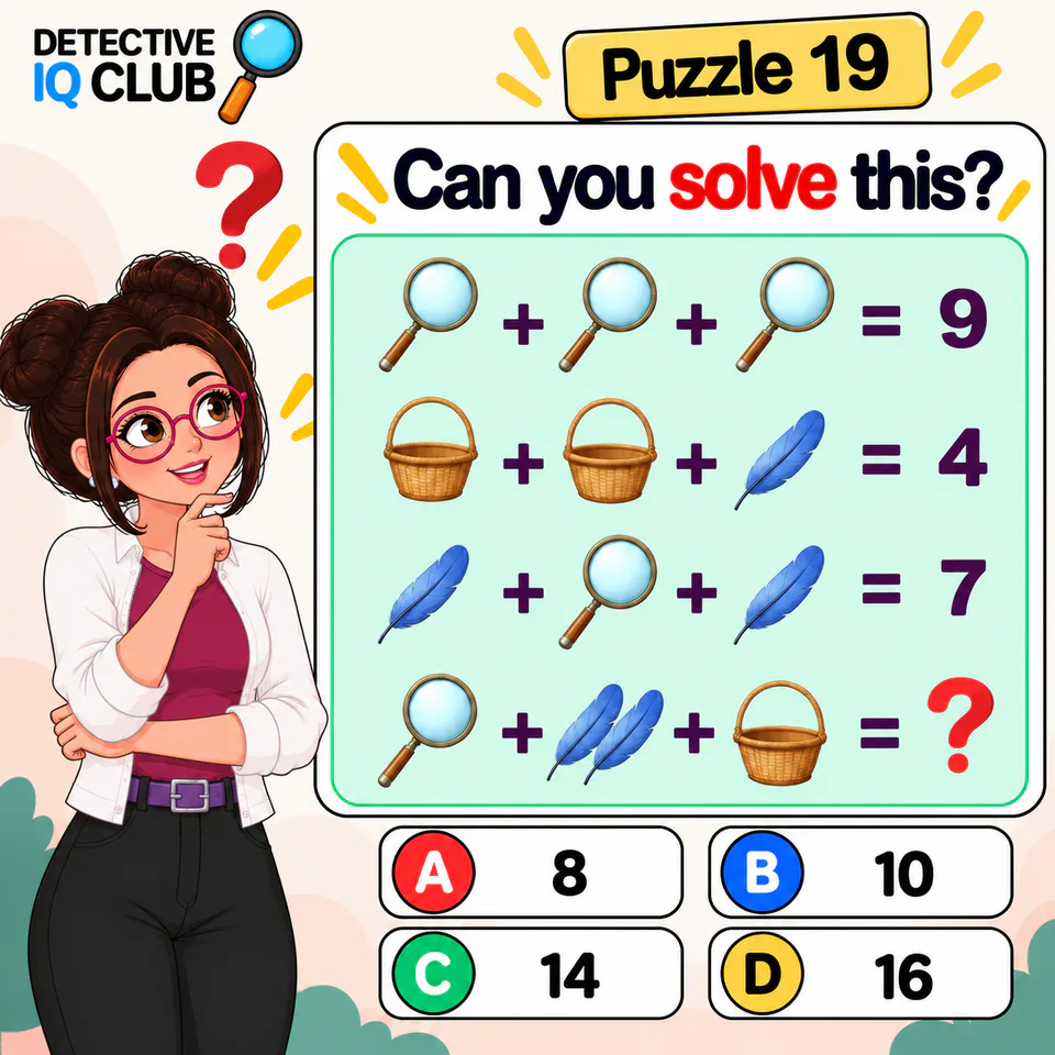 Detective IQ Club Puzzle 19 showing an icon-based math equation puzzle with options A (8), B (10), C (14), and D (16).