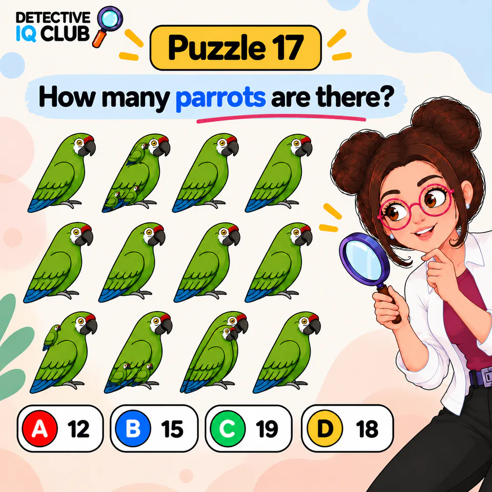 Detective IQ Club Puzzle 17 showing a parrot counting hidden object puzzle with options A (21), B (20), C (19), and D (25).