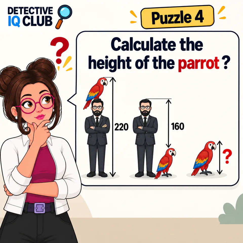 Man and parrot height puzzle showing 220 cm and 160 cm measurements