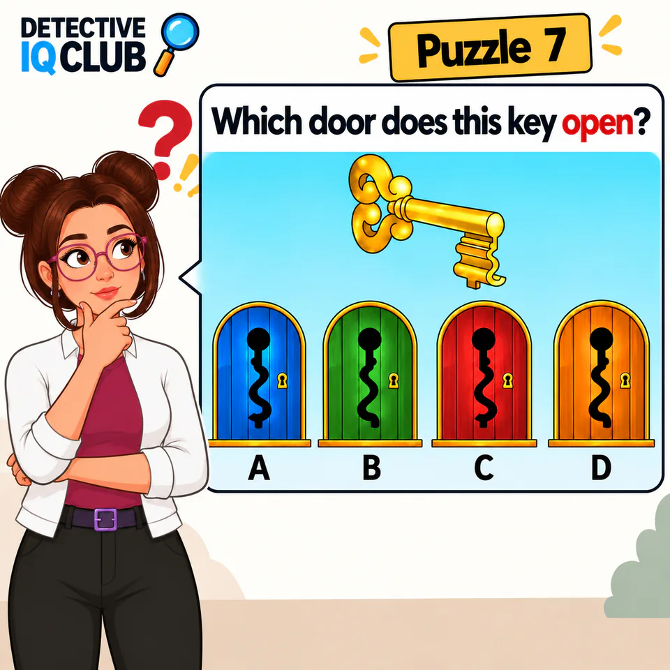 Which door does this key open puzzle with colored doors and a gold key