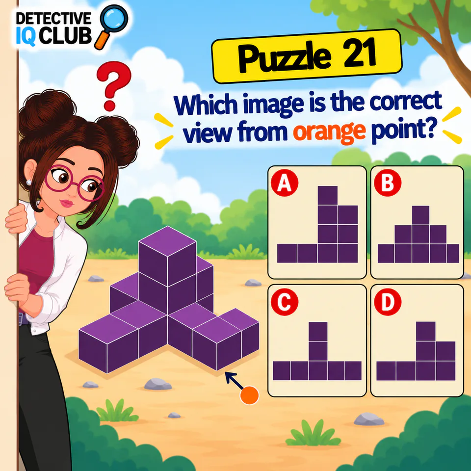 Detective IQ Club Puzzle 21 showing a 3D purple block structure with an orange viewing point arrow and options A, B, C, and D.