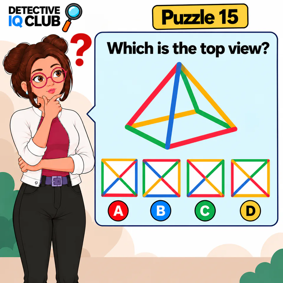 Detective IQ Club Puzzle 15 showing a girl thinking about the top view of a colorful 3D square pyramid with options A, B, C, and D.