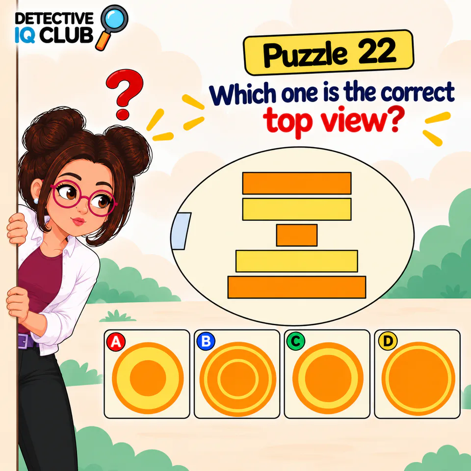 Detective IQ Club Puzzle 22 showing a set of alternating orange and yellow horizontal bars inside an oval with four concentric circle options A, B, C, and D.