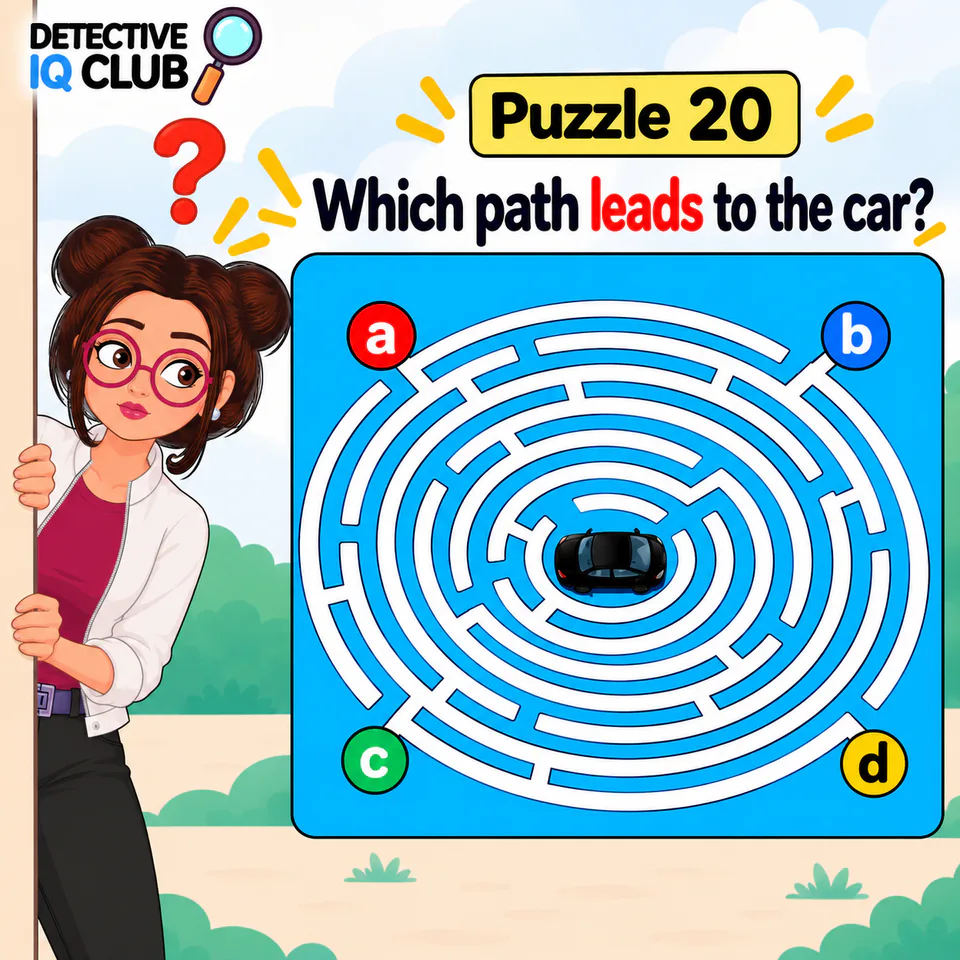 Detective IQ Club Puzzle 20 showing a circular maze with a car at the center and four starting entrances labeled a, b, c, and d.