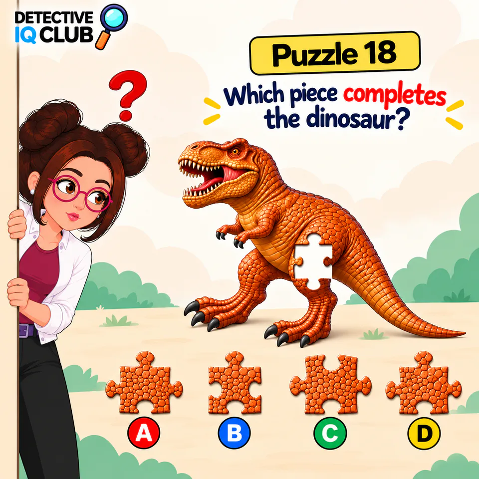 Detective IQ Club Puzzle 18 showing a missing jigsaw piece on a T-Rex dinosaur with options A, B, C, and D.