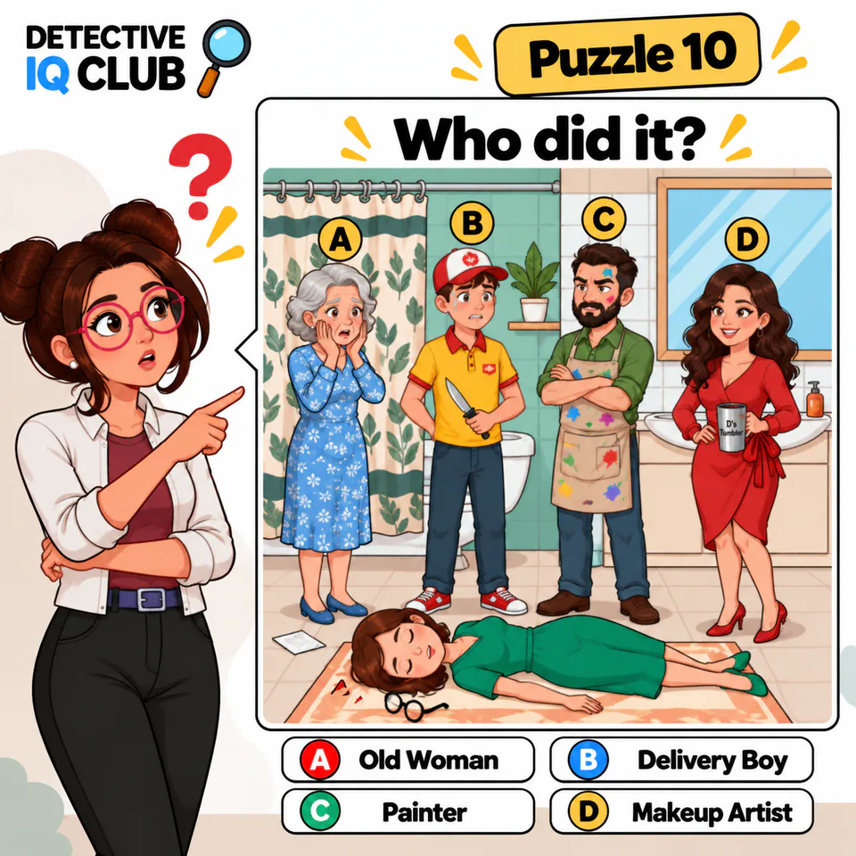 Who did it bathroom crime scene mystery puzzle with four suspects