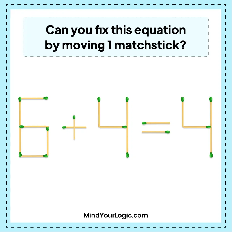 Matchstick Puzzles : Fix 6+4=4 By Moving 1 Matchstick Puzzle