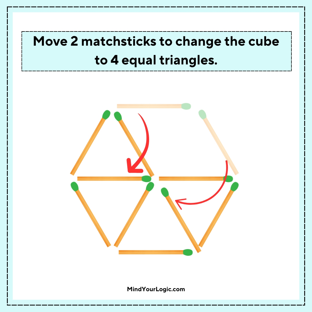 Matchstick Puzzles : move-2-matchsticks-to-change-cube-to-4-equal-triangles-answer
